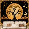 Tree Of Life Tapestry,Boho Design With Golden Tree,Moon Stars And Feathers On Black Background Print Wall Hanging For Home Decor