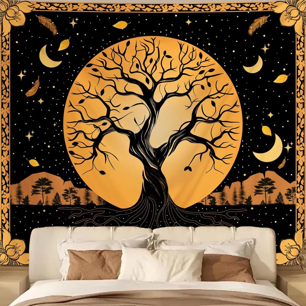 Tree Of Life Tapestry,Boho Design With Golden Tree,Moon Stars And Feathers On Black Background Print Wall Hanging For Home Decor
