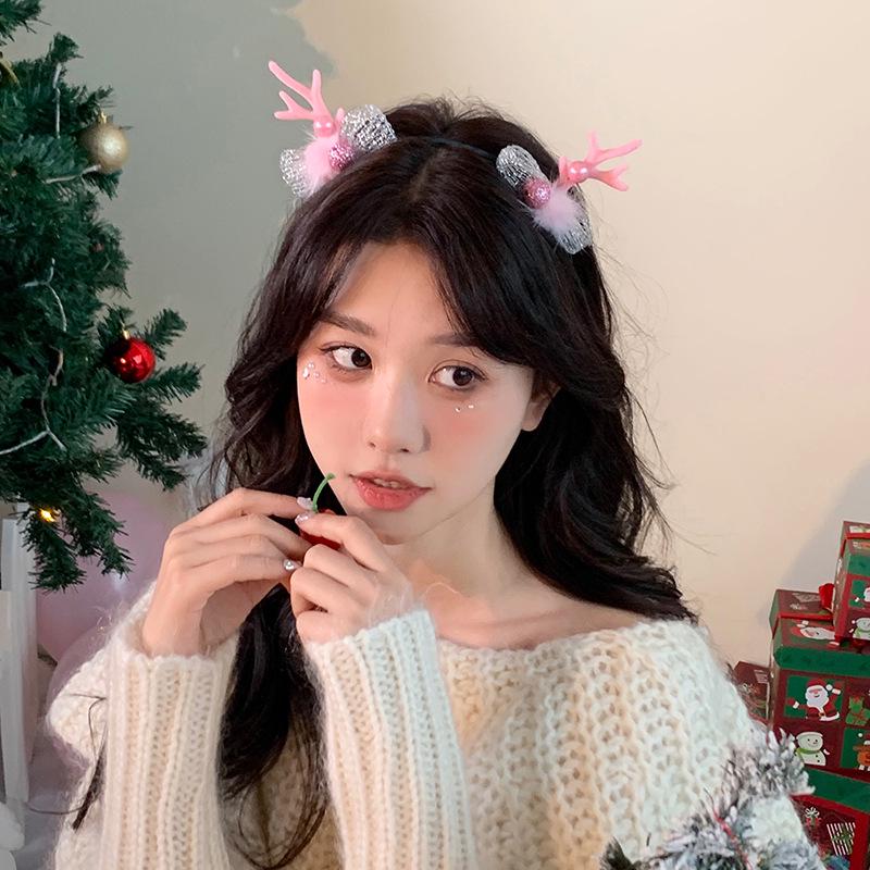 Pink Glitter Bow Antler Hair Clip - Christmas Reindeer Costume Hairpin for Parties One Size