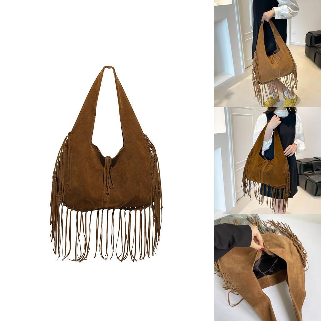 Vintage Suede Shoulder Tote Bag With Tassel Design And Solid Color For Daily Use