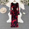 Sexy Tie-dye Printed V-Neck Long Sleeve Dress Women Chic Elegant Patchwork Vintage Midi Dresses Female Korean Fashion Casual One Piece Dress 2024