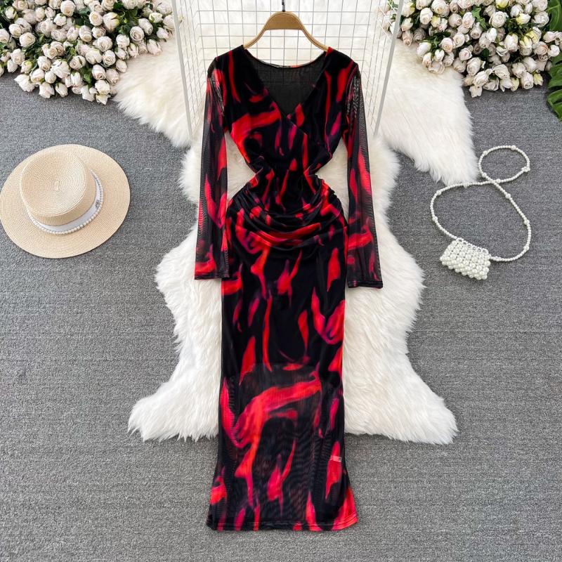 Sexy Tie-dye Printed V-Neck Long Sleeve Dress Women Chic Elegant Patchwork Vintage Midi Dresses Female Korean Fashion Casual One Piece Dress 2024