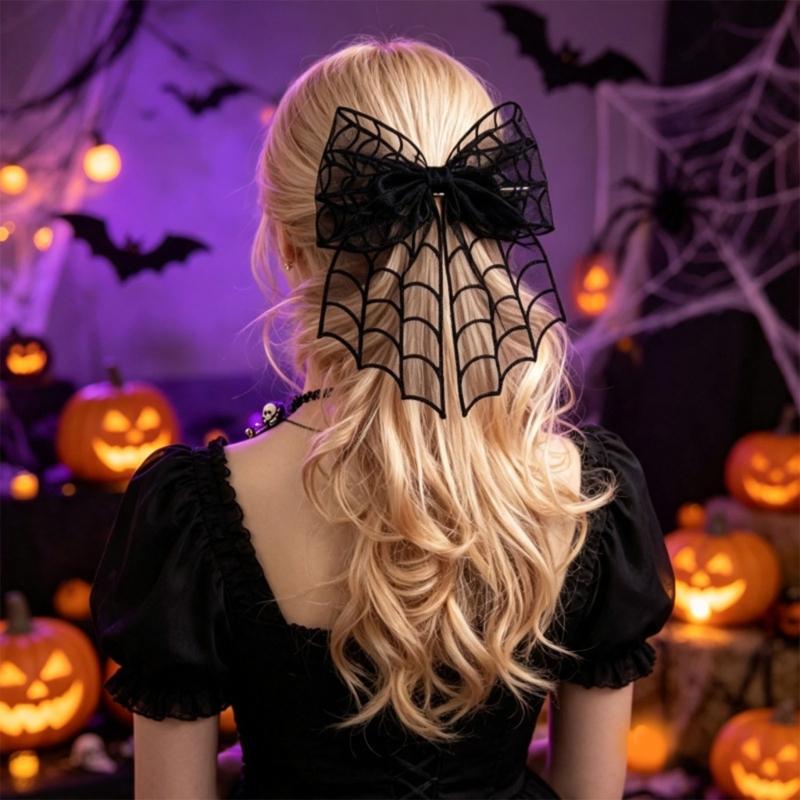 Dark Mesh Spiderweb Hair Clip With Fabric Center Detail, Gothic Hair Accessory for Costume Parties, Dance Outfits, Daily Styling, and Gift Giving