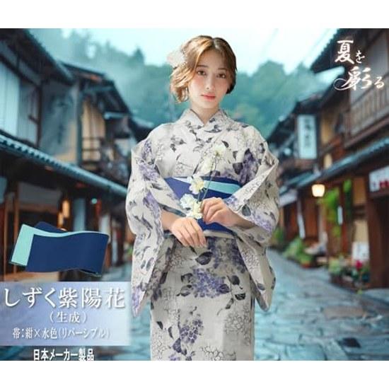 Aletta domani Yukata Womens 2-Piece Set Obi Half Width Reversible 100 Cotton Classic Pattern Fireworks Festival