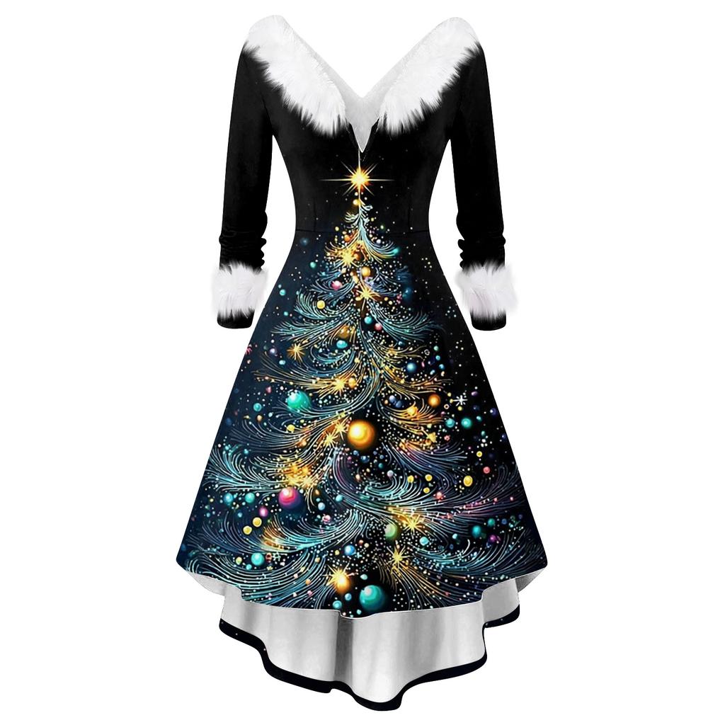 Women's Fashion Elegant Autun And Winter Long Sleeve V-Neck Christmas Print Dress