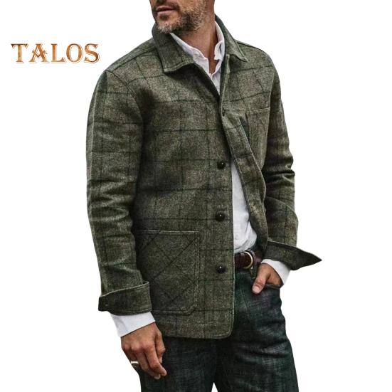 

Мужская куртка, пальто с лацканами, длинный рукав, клетчатый принт, пальто с накладным карманом, однобортная, свободный крой, повседневная верхняя одежда S зелёный