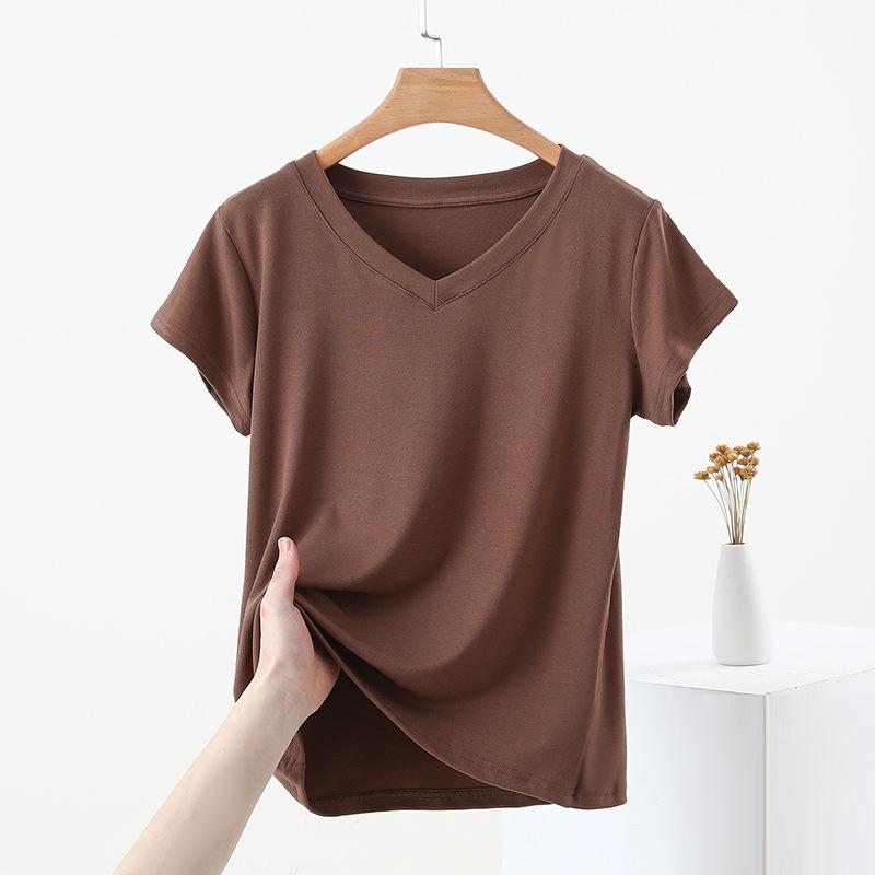 Women's Summer 2025 Slimming Solid V-Neck Short Sleeve T-Shirt - Casual, Versatile and Stylish
