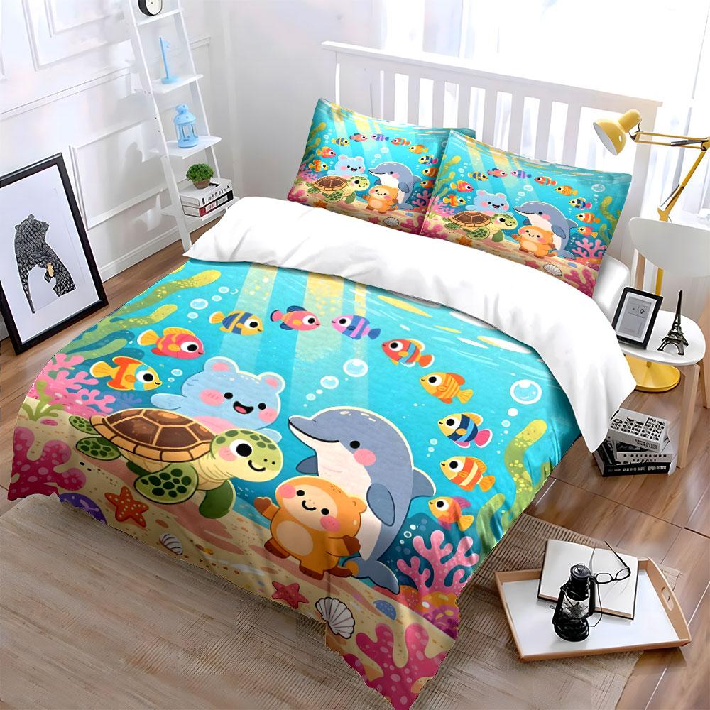 Underwater Animal Friends Gathering Print Bedding Set 1 Duvet Cover 2 Pillowcases For Adult And Children Luxury Gift Full Size