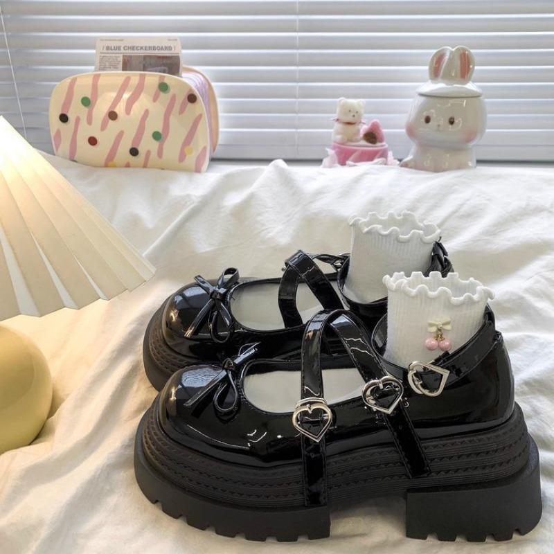 Fashion Spring Butterfly Knot Sweet Cute Lolita Shoes Thick Heel Women Mary Jane Single Shoes PU Leather Round Toe Women Japanese Shoes