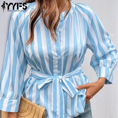 Blusas y camisas con cuello en V de manga larga con estampado de rayas informales para primavera y otoño para mujer