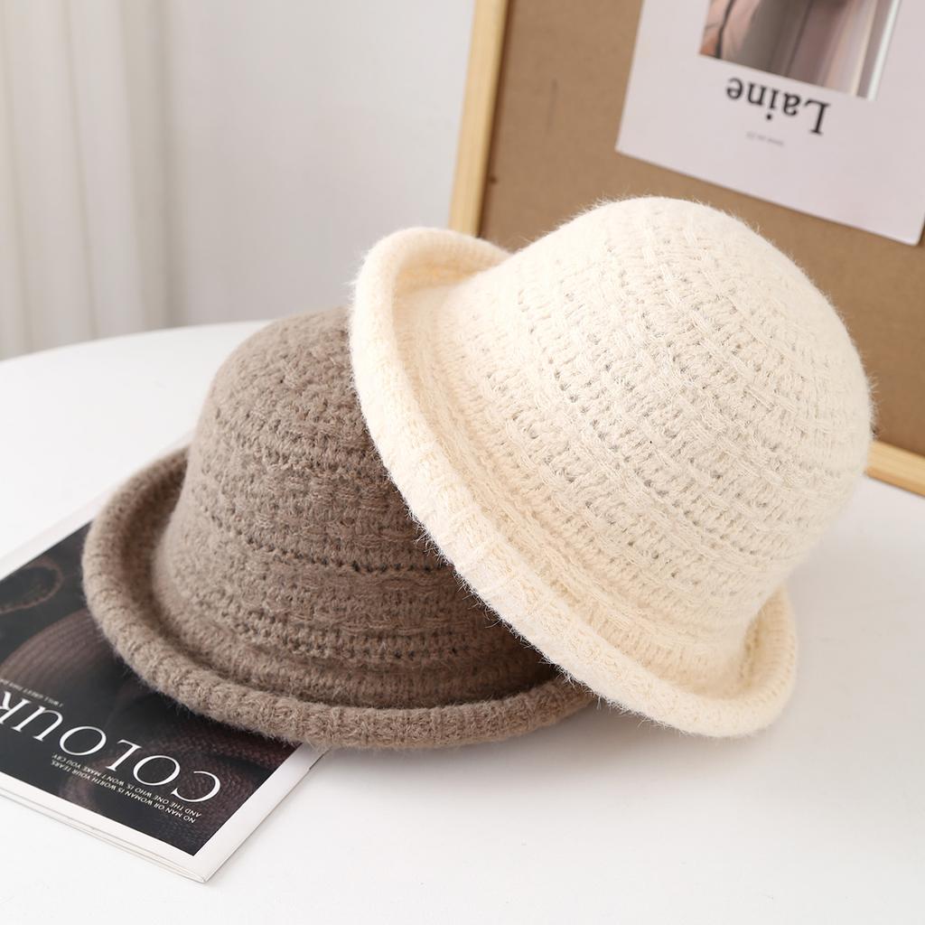 French Solid-Color Round Top Rolled-Edge Hat For Women - Winter Hollow-Out Fisherman'S Cap, Outdoor Warm Bucket Hat Accessories