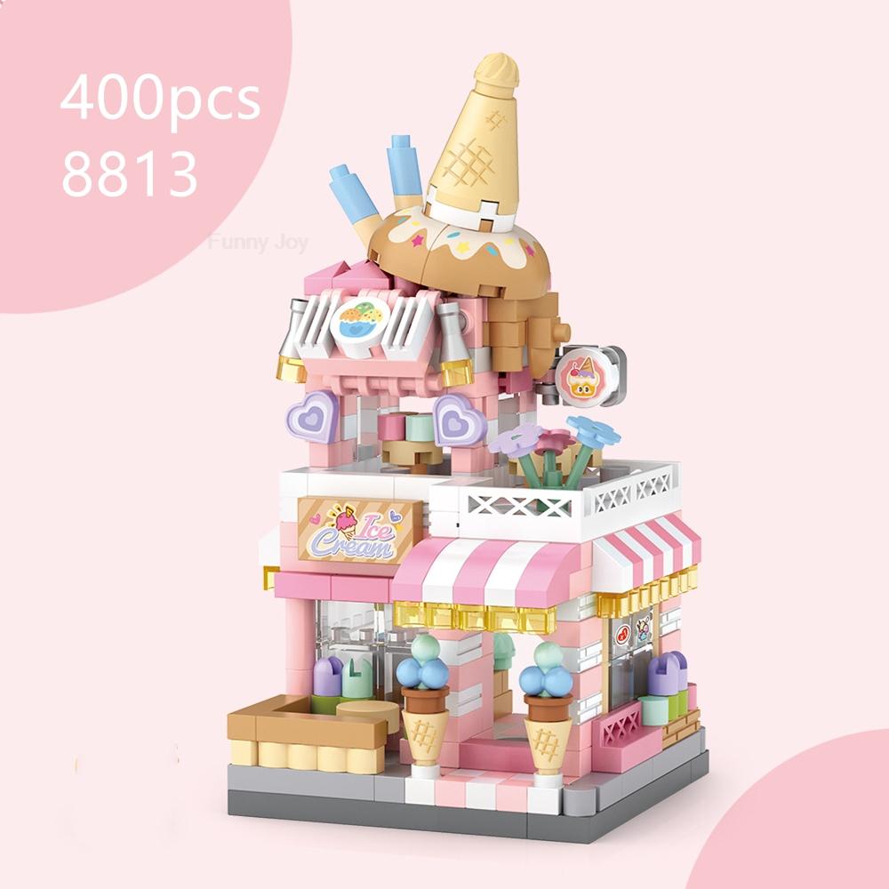 Panda Pet Coffee Ice Cream Flower House Appliance Dessert Shop Store Street View Food House Building Blocks Model Kids Toy