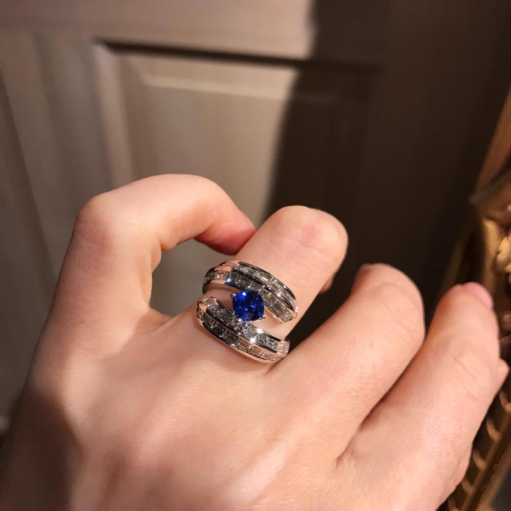 Blue Spinel Open Ring for Women Artdeco Square Royal Blue Sapphire Elegant Light Luxury Ring