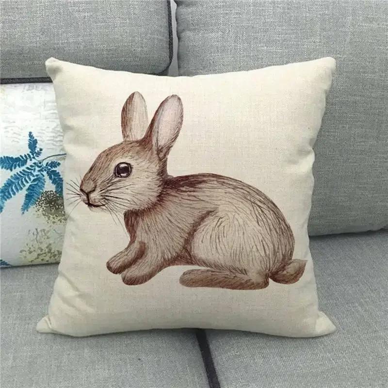 Easter Cushion Cover Cute Bunny Eggs Printed Pillow Covers 18x18 Inches Easter Decorations Hare Rabbit Flower Linen Pillowcase