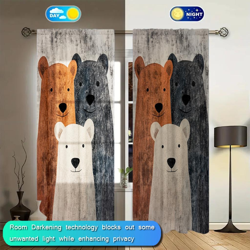 2pcs Three Bears In Nordic Style Printed Curtain for Home Decor - Rod Pocket Window Treatment for Bedroom, Office, Kitchen