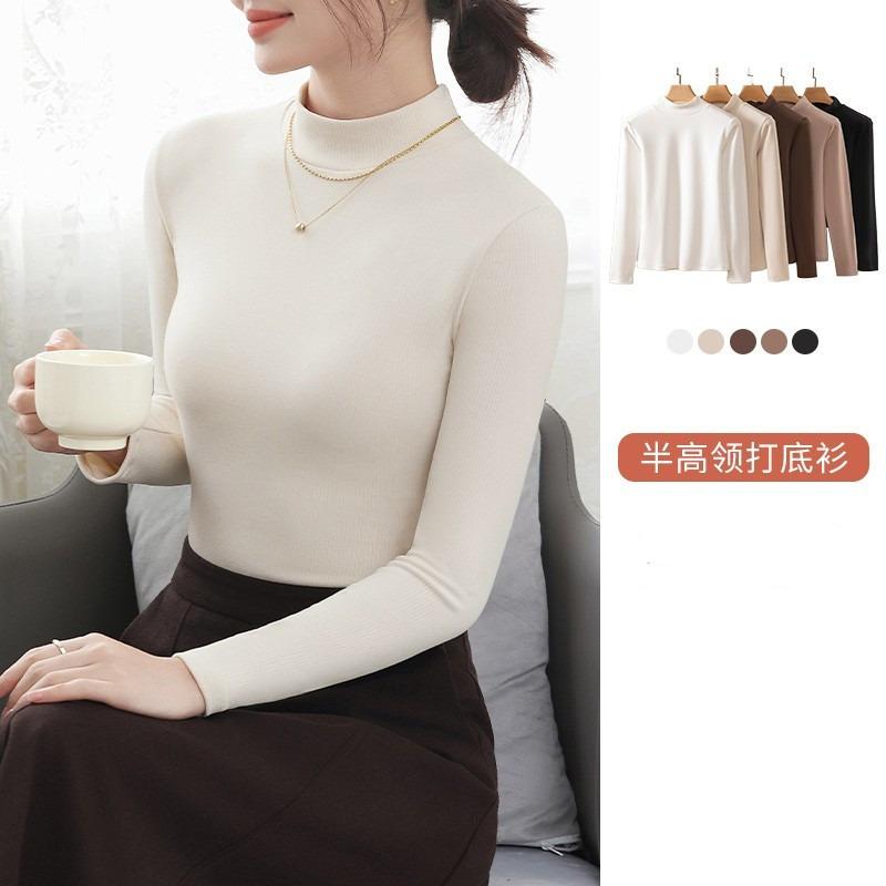 Women Plus Size Half High Collar Long Sleeve Slim Warm Thermal Base Top
