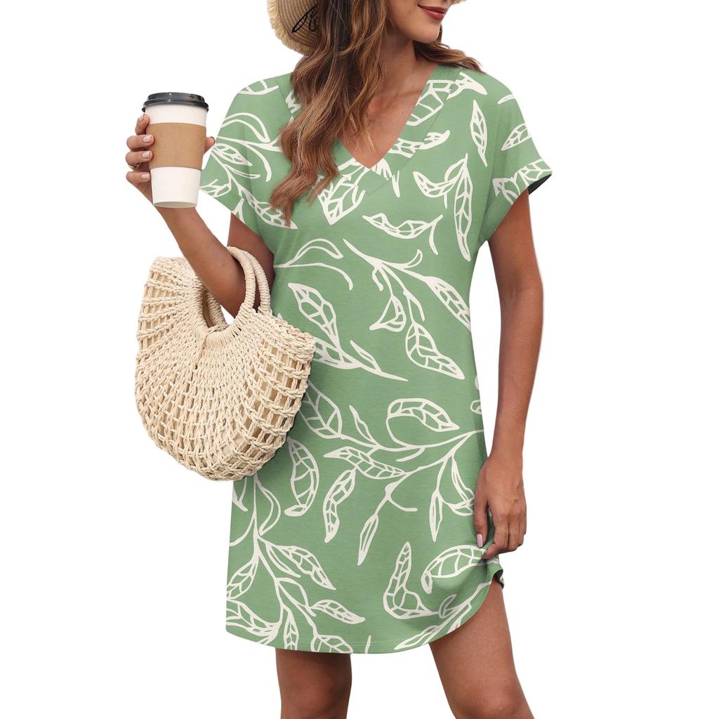 Women's Casual Fashion Sexy V-Neck Cap Sleeves Pocket Floral Dress