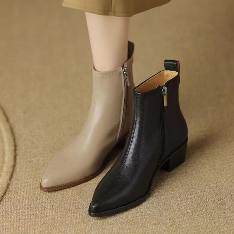 Fashion 2024 New Autumn/Winter Genuine Leather Women Shoes Pointed Toe Chunky Heel Boots for Women Fashion Short Boots Zapatos De Mujer