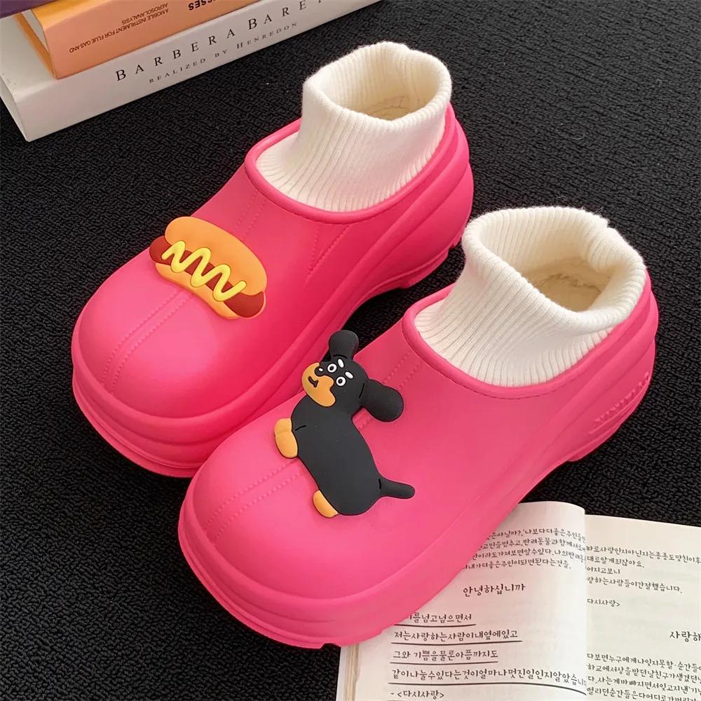 

Осенние и зимние модные водонепроницаемые зимние ботинки для женщин с милым рисунком щенка из мультфильма, толстая подошва, усиленная подкладка, теплые хлопковые ботинки 38-39 розы красного