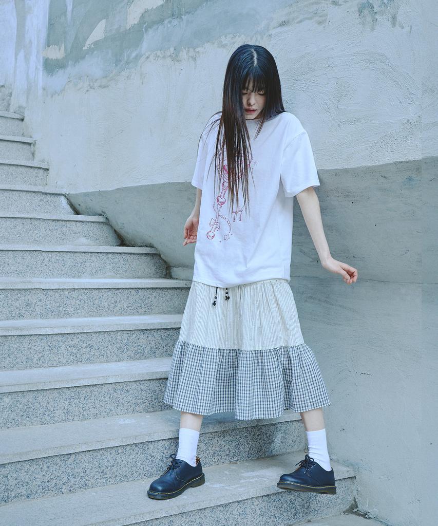 Mihebeu Three-Pattern Shirred Vintage Skirt Ivory