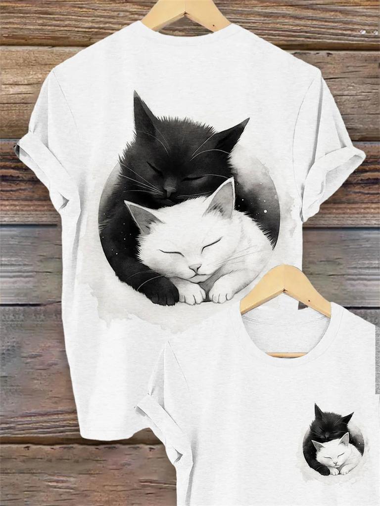 Letní Kreslený Roztomilý Kočka Dámské Tričko Kočka Krátký Rukáv Móda 3D Potisk Oversized Dámské Oblečení Tričko Ženy Denní Ležérní Top