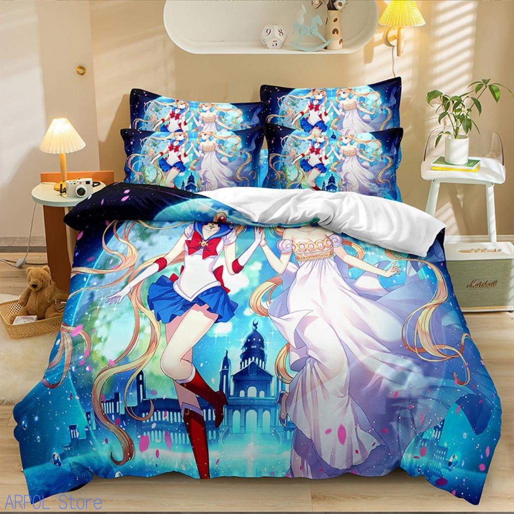 Kawaii Sailor Moons Bedding Set For Girls 3D Pattern Pretty Girl Duvet Cover Pink Comforter Twin Duvet Cover Set With Pillowcase
