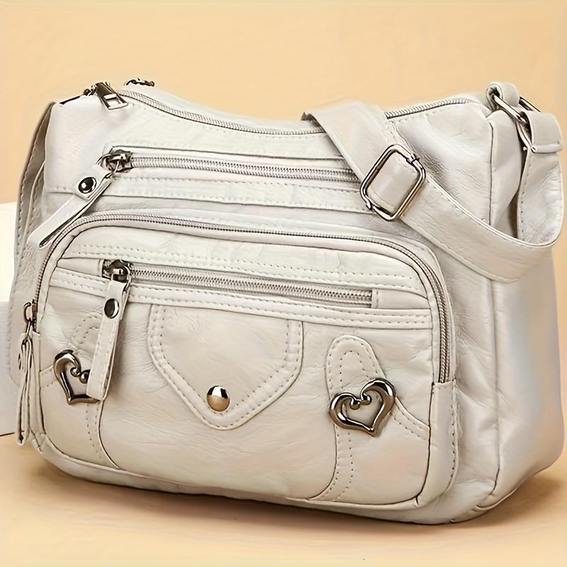 With Adjustable Shoulder Strap, Multiple Zippered Heart Cut-Out Design - Solid Color Handbag For Work, Shopping, Daily Use
