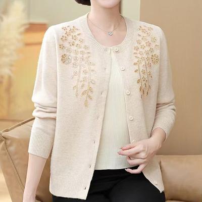 Herbst Damen Woll-Cardigan Bestickt Strass Rundhals Gestrickter Cardigan Pullover