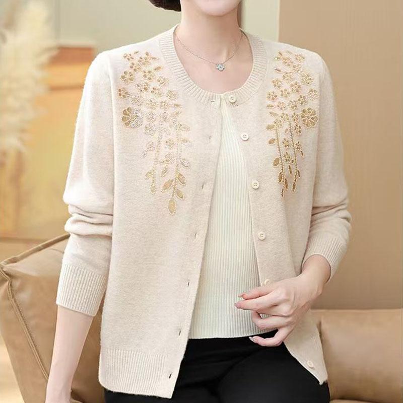 Autumn Women's Wool Cardigan Embroidered Rhinestone Round Neck Knitted Cardigan Sweater