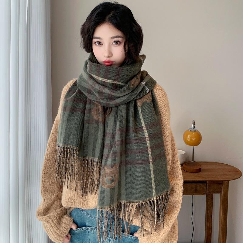 Women Autumn Winter Knitted Scarf Headscarf Lady Men Retro Plaid Print Tassel Scarve Foulard Wrap Shawl Casual Fashion Korean