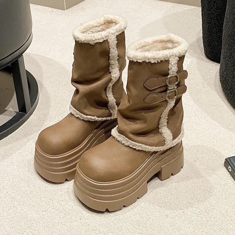 10CM Thick Heels Motorcycle Boots Women High Platform Leather Snow Sneakers Winter Warm Fur Mid-calf Boots Plush Short Punk Boot