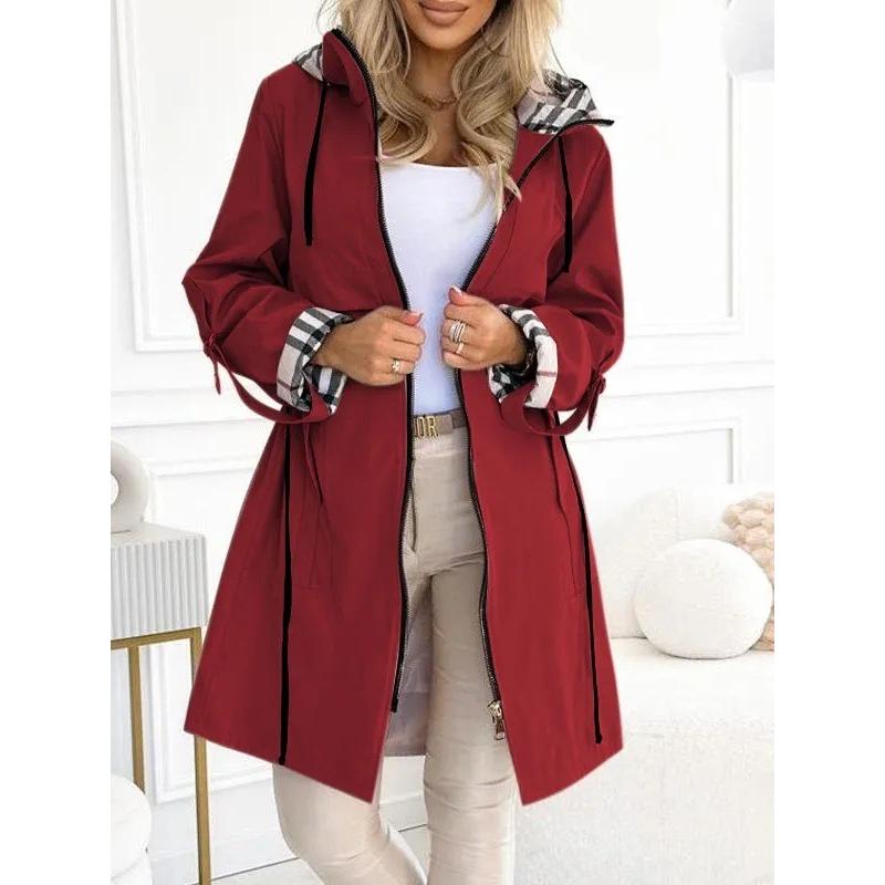 

Женский плащ-тренч с капюшоном светло-коричневого цвета с клетчатой отделкой, повседневная длинная куртка для весны и осени L красный