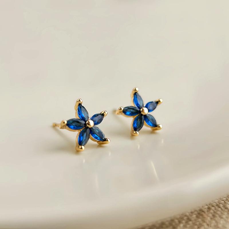 

S925 Sterling Silver Plated 18K Gold Blue Zircon Flower Earrings Temperament Fashionable Versatile Jewelry Gift Gold