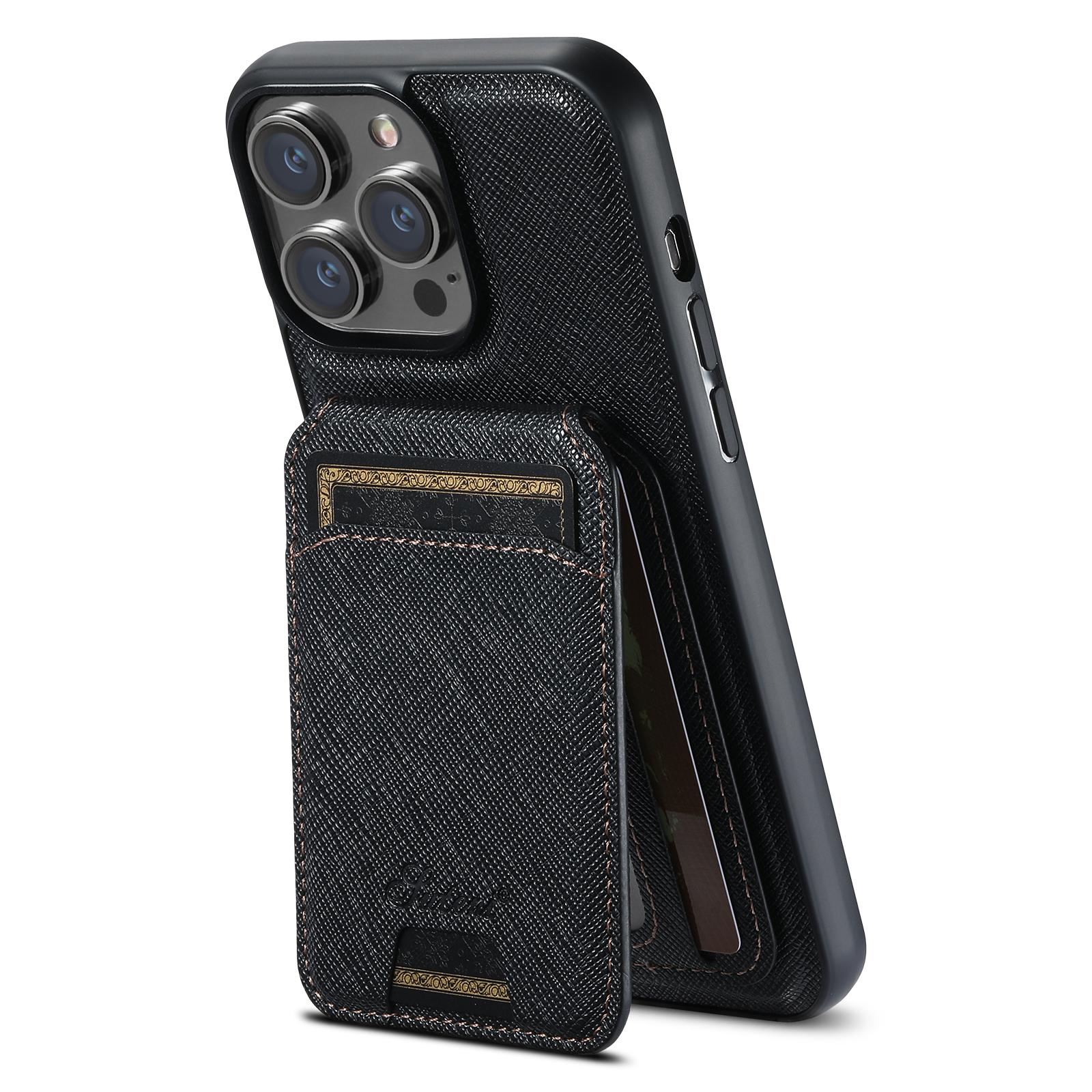 

SUTENI H18 For iPhone 15 Pro Max Magnetic Case Cross Texture Leather+TPU Cover with Detachable Card Bag Black