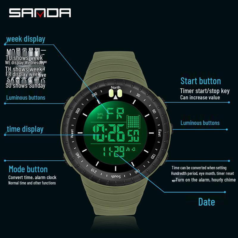 Sanda Cold Light Large Screen Waterproof Digital Sports Watch