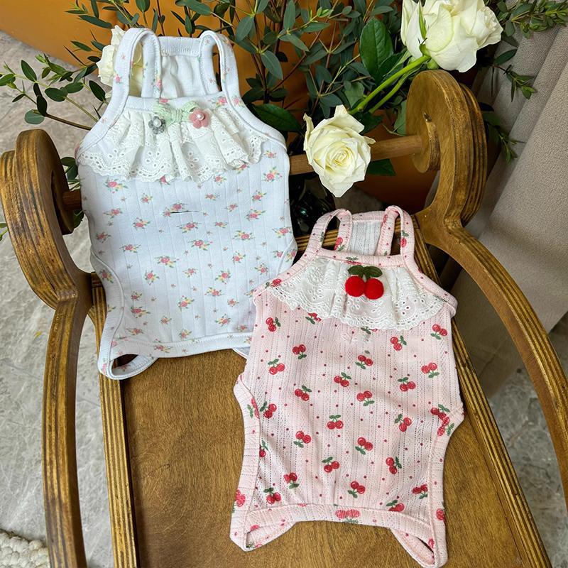 Pet Spring Cherry Jumpsuit Belly Clothes Air Conditioning Clothes Cat Cute Small Dog Bibi Teddy Home Sleepwear