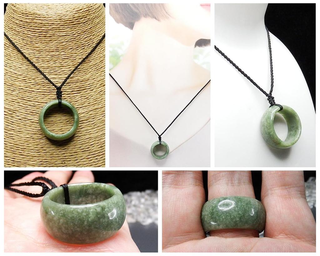 [Ishimachi] Carefully Selected Dark Jadeite Ring Necklace - Genuine Jadeite, Natural Stone, Protective, Five Virtues, Thumb Ring