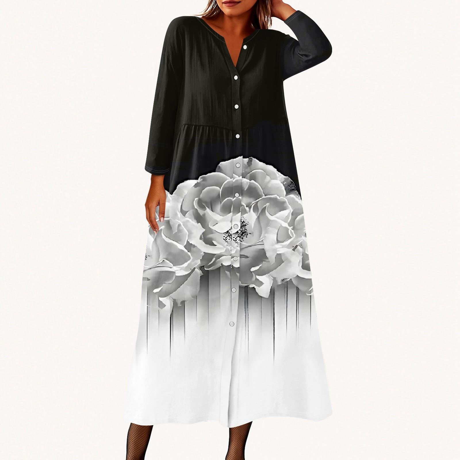 

Женское модное платье-рубашка свободного кроя с принтом, круглым вырезом и рукавами семь четвертей на пуговицах M