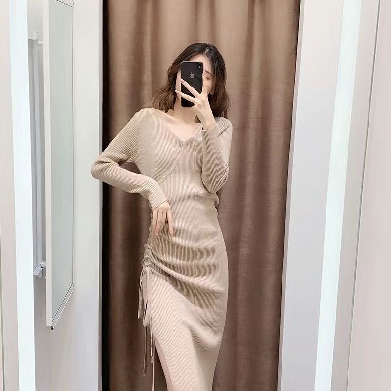 Knit Dress Waist-Cinching Mid-Length Autumn Winter Temperament Knee-Length Long Sleeve Base Layer Sweater Dress