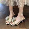 Fashion Summer Slippers Women's Square Head Crystal Buckle Lace Butterfly Knot Transparent Strap Non-slip Wear High Heels