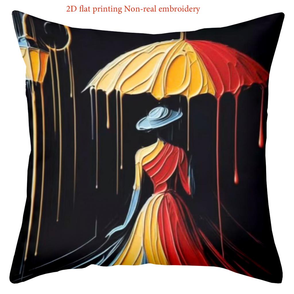 Stylish Women with Umbrellas on Black Pillows 2D Printed Polyester pillowcase, sofa decorative cushion cov Headboard Pillow
