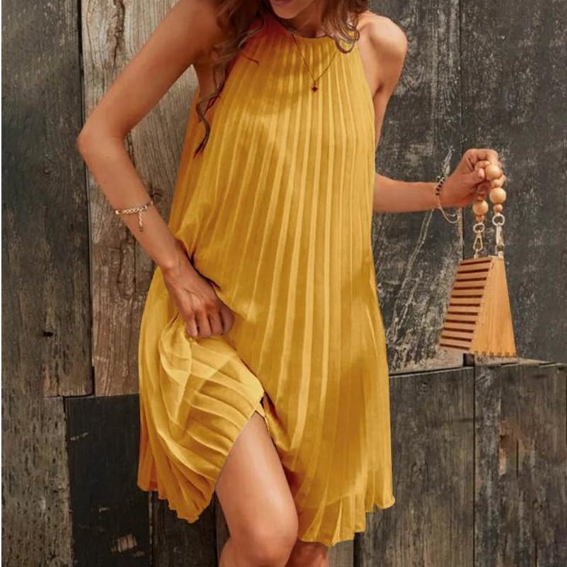 European and American new temperament elegant solid color sleeveless round neck pleated dress