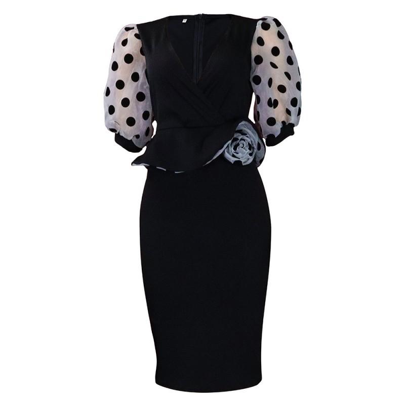 

European American Women s Clothing Splicing Polka Dot Print Bubble Sleeve Pencil OL Tongle Large Size Dress XXL чорний
