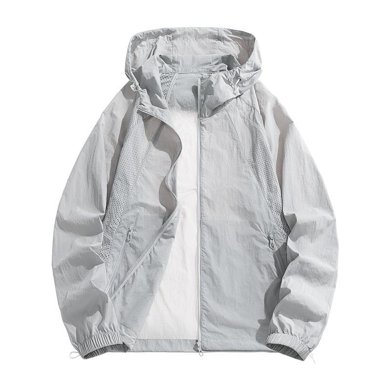 Men s Light Gray Breathable Mesh Panel Hooded Sun Protection Jacket S серый