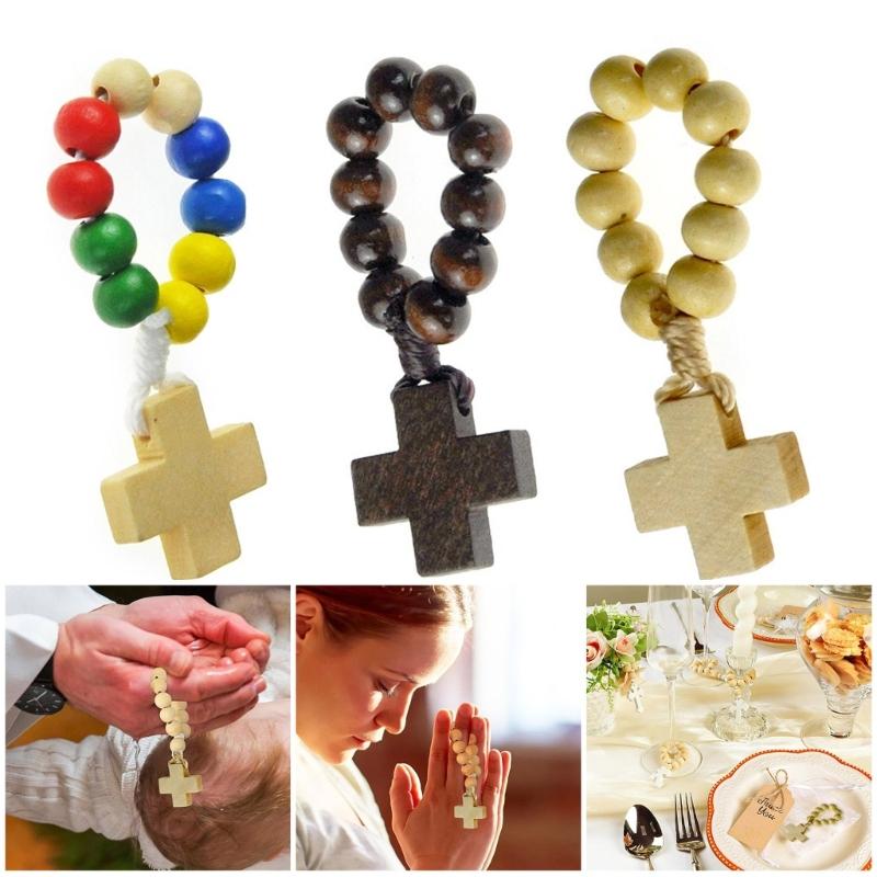 Colorful Beaded Finger Chain Adjustable Rosary Bead Finger Ring Bracelet with Colorful Crosses Charm for Christian Faith