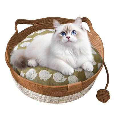 Cat Basket Bed Scratch-Resistant Woven Pet Nest Mat Cotton Washable Removable Cushion Soft Weaving Nest For Outdoor Sleeping