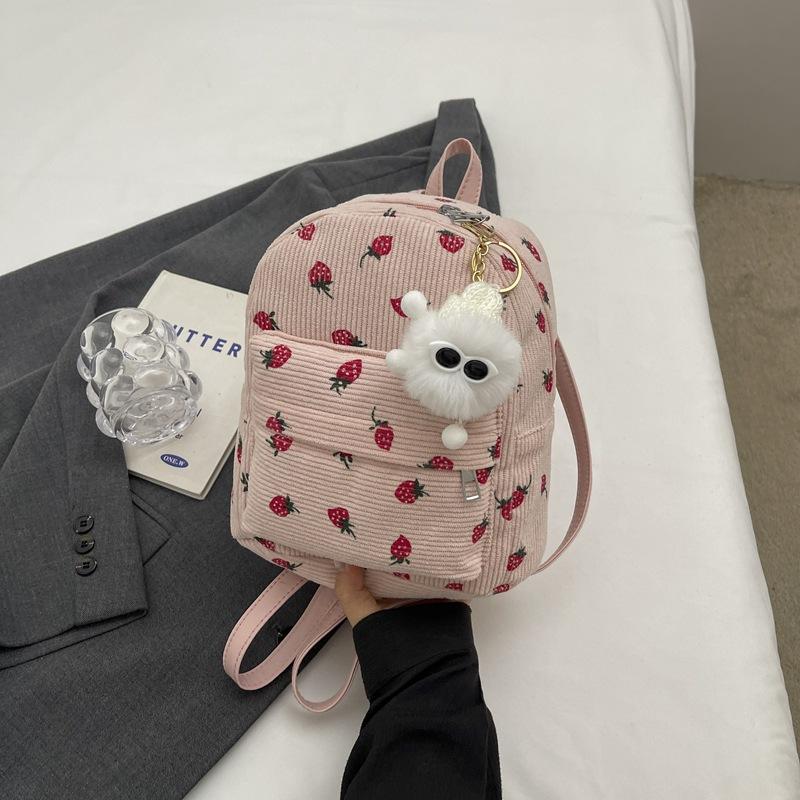 Schoolbag retro corduroy backpack women's 1011 new Korean version simple casual large capacity strawberry print commuter backpack