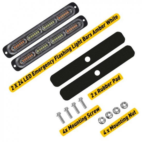 24LED 2PC Strobe Light Bar Car Flashing Warning Truck Hazard Amber/White Beacon