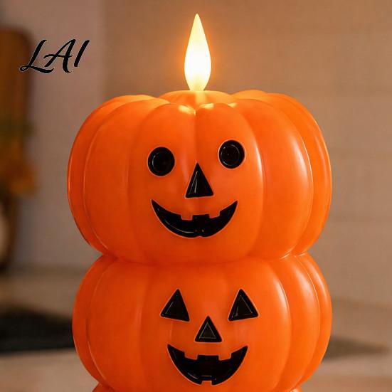 Halloween Pumpkin Decorations 3 Tier Stacked Candle Light Flickering Flameless LED Decorative Figurines Candle Battery Operated Fake Pillar for Home