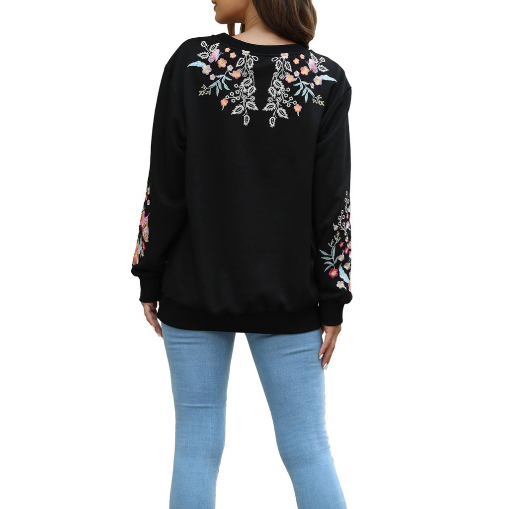 Yousheng Women Sweatshirt Ethnic Style Floral Embroidery Round Neck Long Sleeve Top Contrast Color Spring Fall Top with Elastic Cuffs And Hem